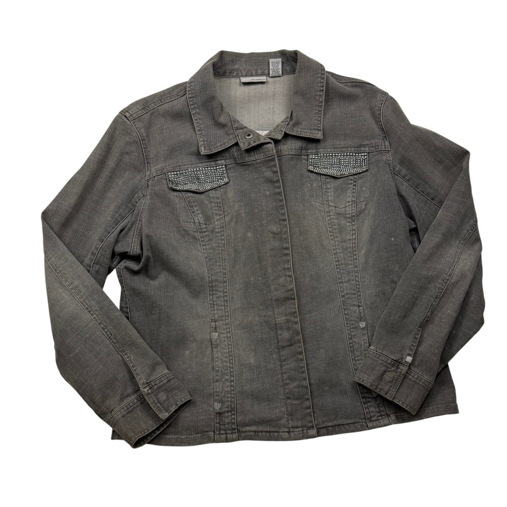 Vintage Y2K Chico's Platinum Size 3 XL Gray Rhinestone Denim Jacket Upcycle